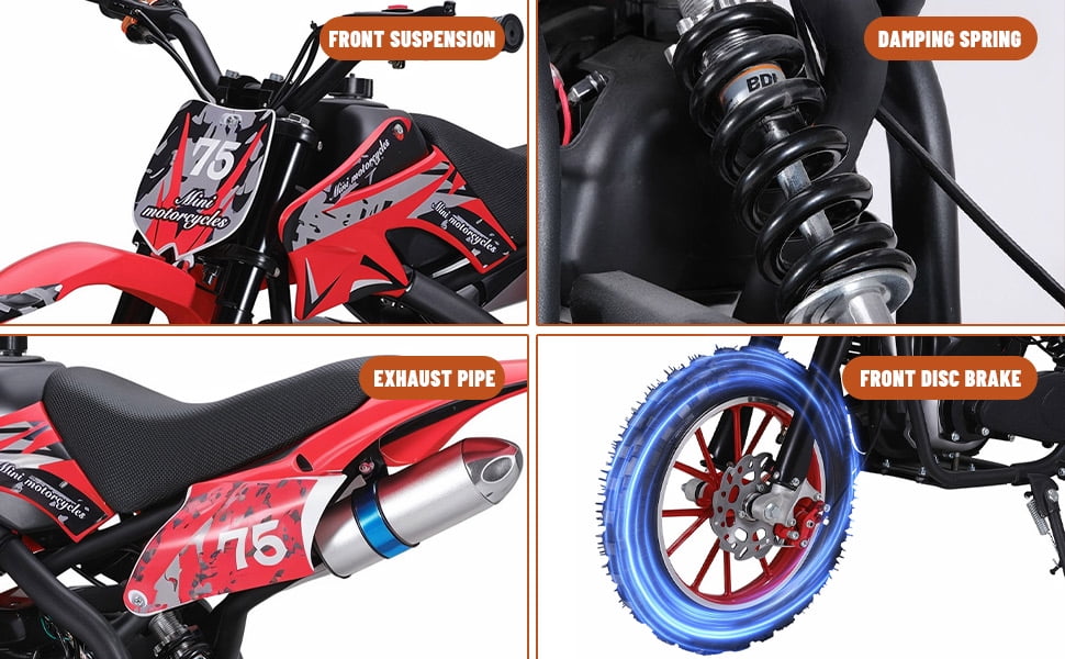 Dapmiu Safe Kids Off-Road Motorcycle 49CC - 4-Stroke Engine with Shock Absorption, 10" Tires & Aluminum Rims for Stability Red