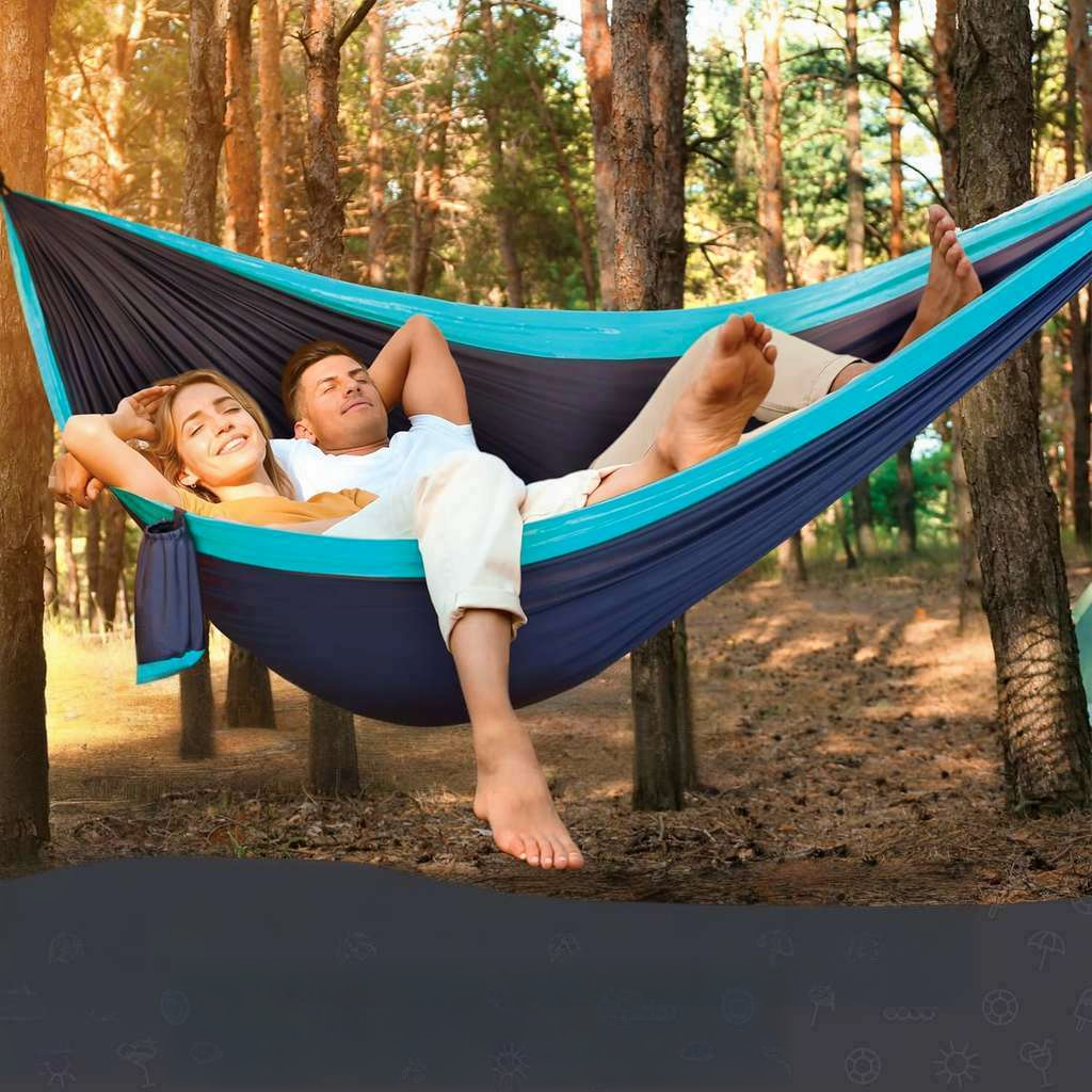 Nylon Camping Hammock Chair 500 lb Capacity Double or Single Size with Tree Straps and Carry Bag Large Blue and Light Blue