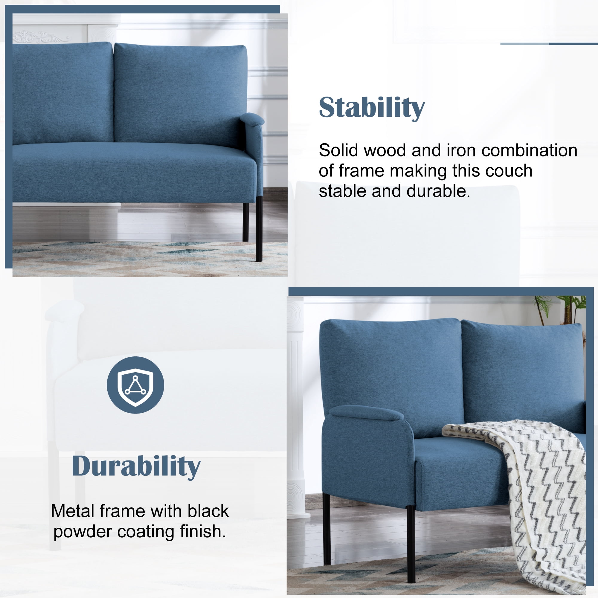 Gewnee Blue Linen Blend 45.7” Metal Frame Loveseat, Small Space 2-Seat Sofa with Removable Cushion