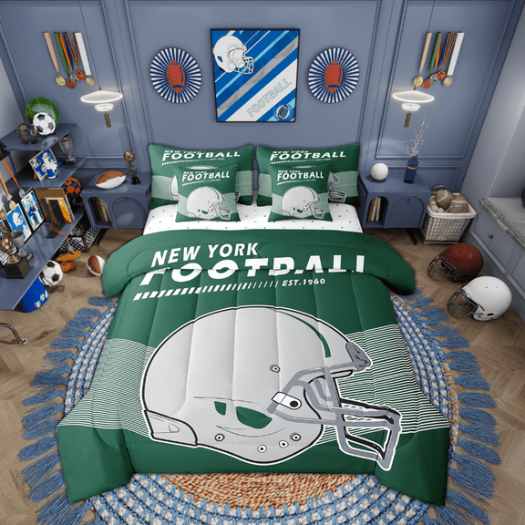 Erosebridal American Football Comforter Set Bed in a Bag Sports Game Bedroom Comforter with Sheets Twin 7-Piece,New York(1 Comforter, 1 Flat Sheet 1 Fitted Sheet 2 Pillowcases 2 Throw Pillow Covers)
