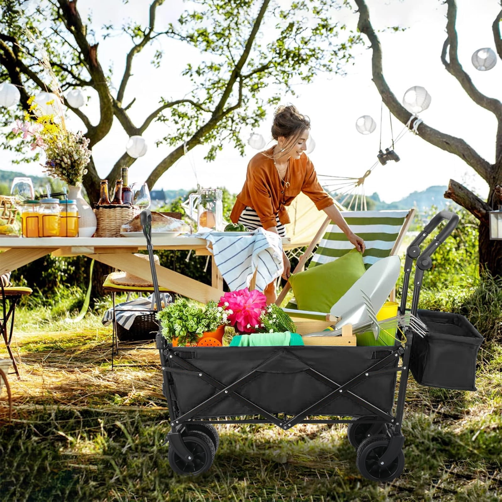 Arlopu Collapsible Wagon Cart Outdoor Folding Utility Garden Cart with All-Terrain Wheels and Removable Canopy