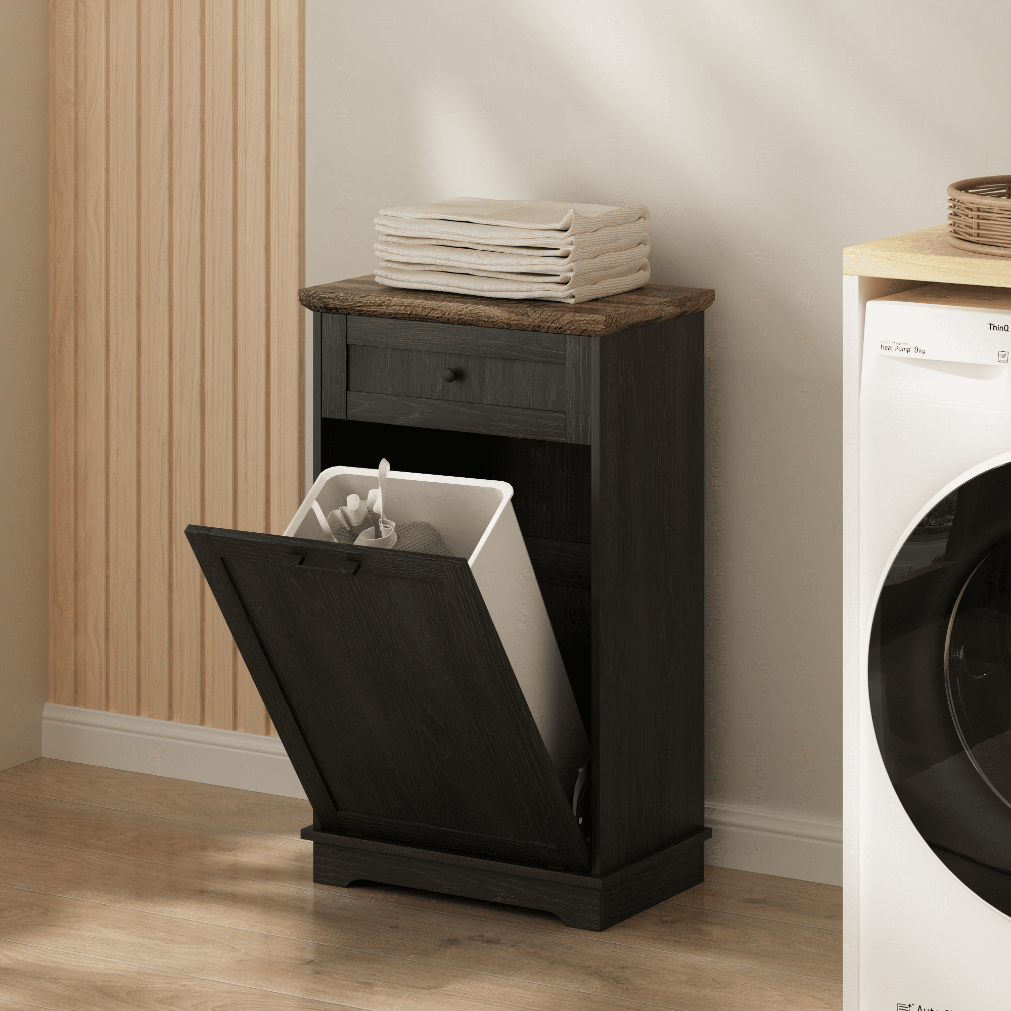 10 Gallon Tilt Out Trash Cabinet Freestanding Trash Bin Cabinet Wood Garbage Recycling Cabinet with Hideaway Drawer Pet Proof Trash Can Holder for Kitchen Living Room, Antique Black (not include can)