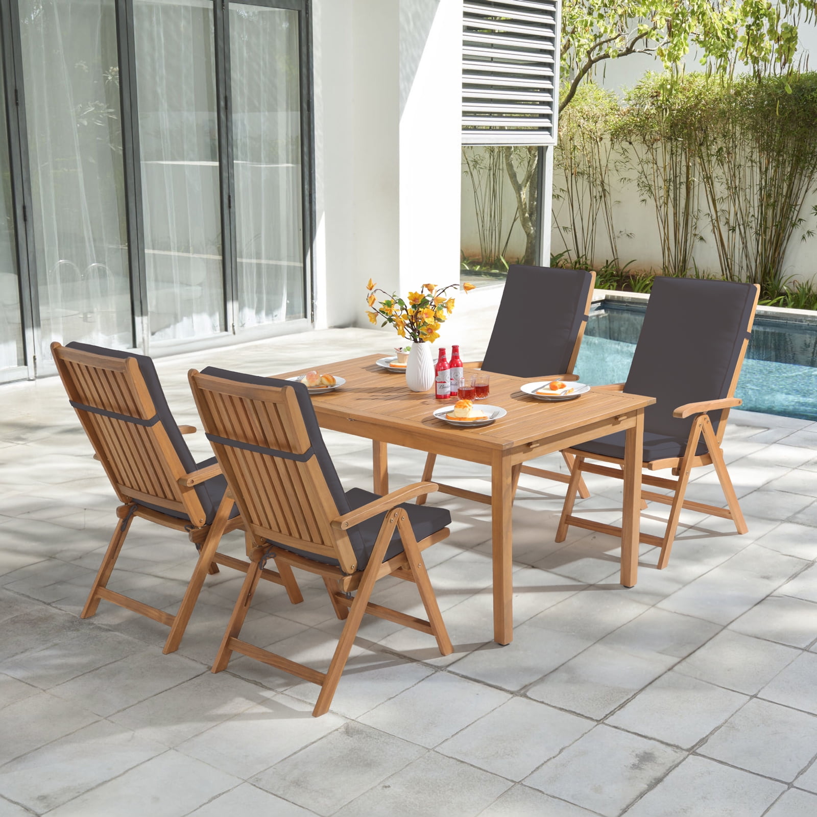 JOIVI Folding Patio Dining Chair Set of 4, Outdoor Acacia Wooden Reclining Chair w/Armrest & Removeable Cushion, FSC Certified Wood No Assembly, Gray Cushion