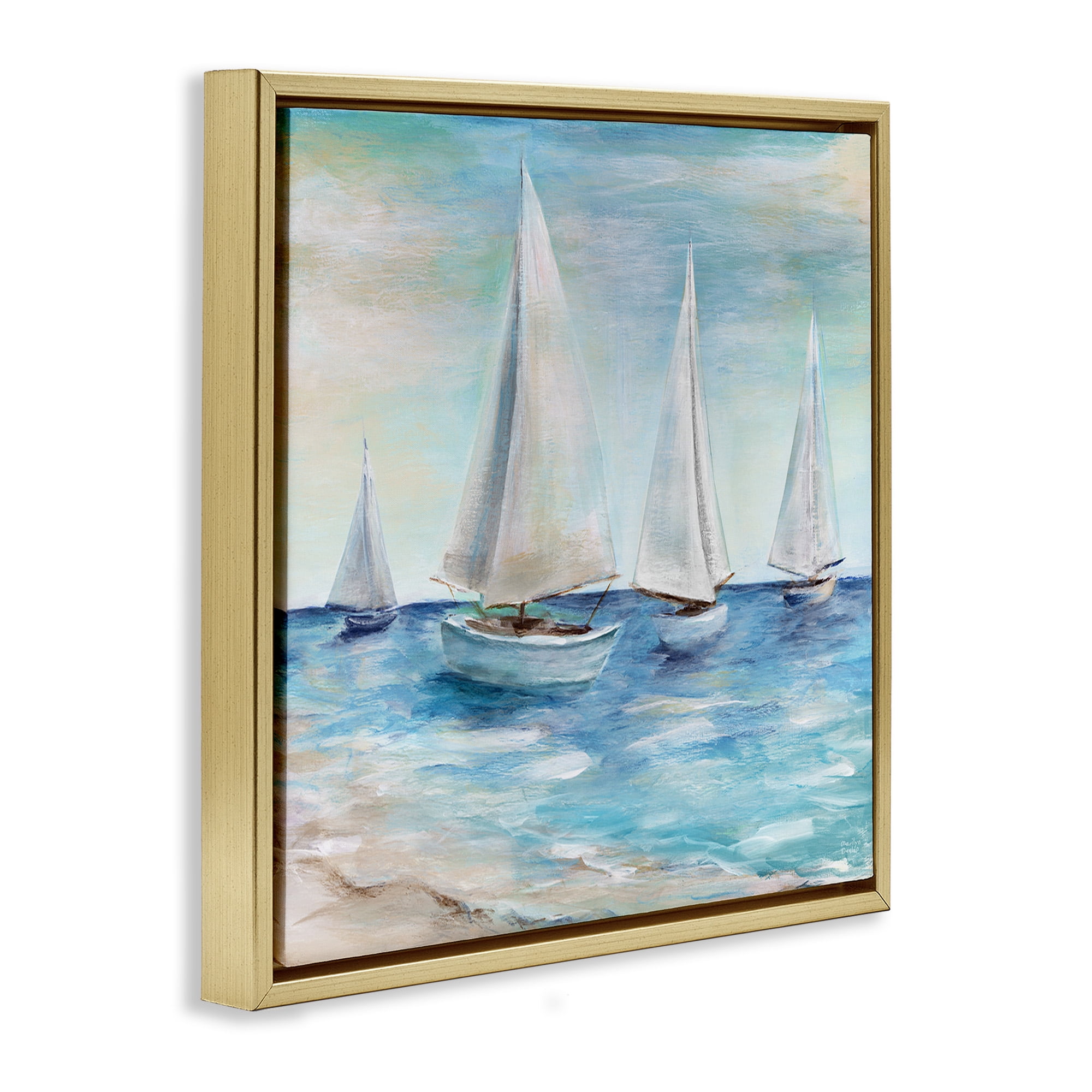 Stupell Industries Sailboats Floating Peacefully Nature Painting Gold Floater Framed Canvas Art Print Wall Art, 18 x 18