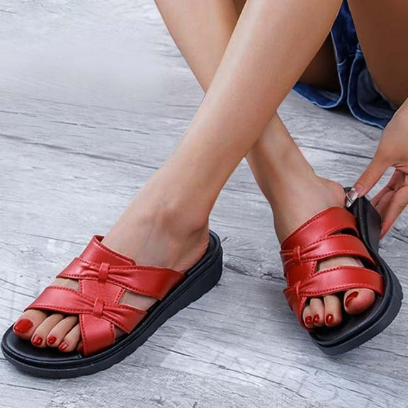 HWRETIE Women's Thick Sole Slide Sandals Summer Platform Casual Slip-On Slippers Fashion Open Toe Beach Sandals Lightweight Comfortable Shoes Red