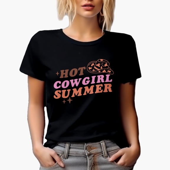 Hot Cowgirl Summer feat. a Cowboy Hat Art Merch Gift, Black T-Shirt, Small