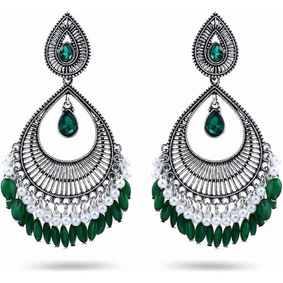 Exaggerated Boho Green CZ Teardrop Dangle Earrings for Women Rhinestone Shell Pearl Dangling Statement Earrings Bohemian Turquoise Studs Jhumka Jhumki Faith Ethic Jewelryfor Christmas
