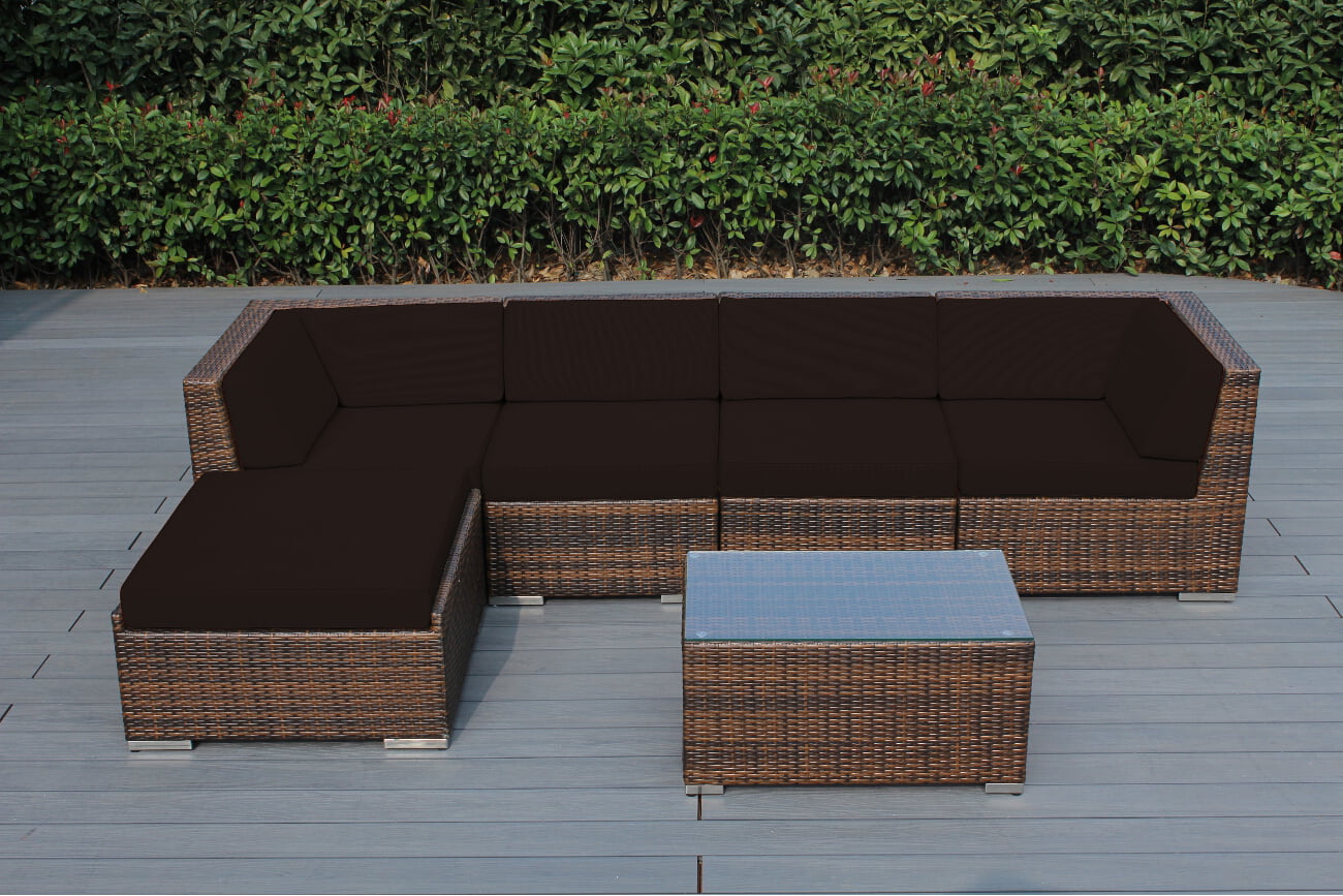 Ohana 6 Piece Outdoor Wicker Patio Furniture Sectional Conversation Set - Mixed Brown Wicker
