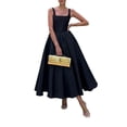 thumbnail image 6 of Black Elegant Square Neck Pleated Waist Fit & Flare Formal Midi Dress, 6 of 7