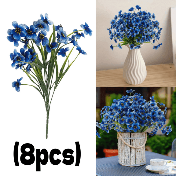 UV Resistant Artificial Outdoor Flowers, 8 Bundles Faux Plastic Flowers for Outside & Indoor Decor, Blue Fake Flower Plants for Garden, Porch & Home Decoration