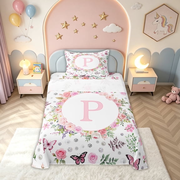 meiyoeat Pink Floral Butterfly Letter P Twin Sheets for Girls, Cute Monogram Bedding, Pink Reversible, 1 Flat Sheet, 1 Fitted Sheet and 1 Pillowcase