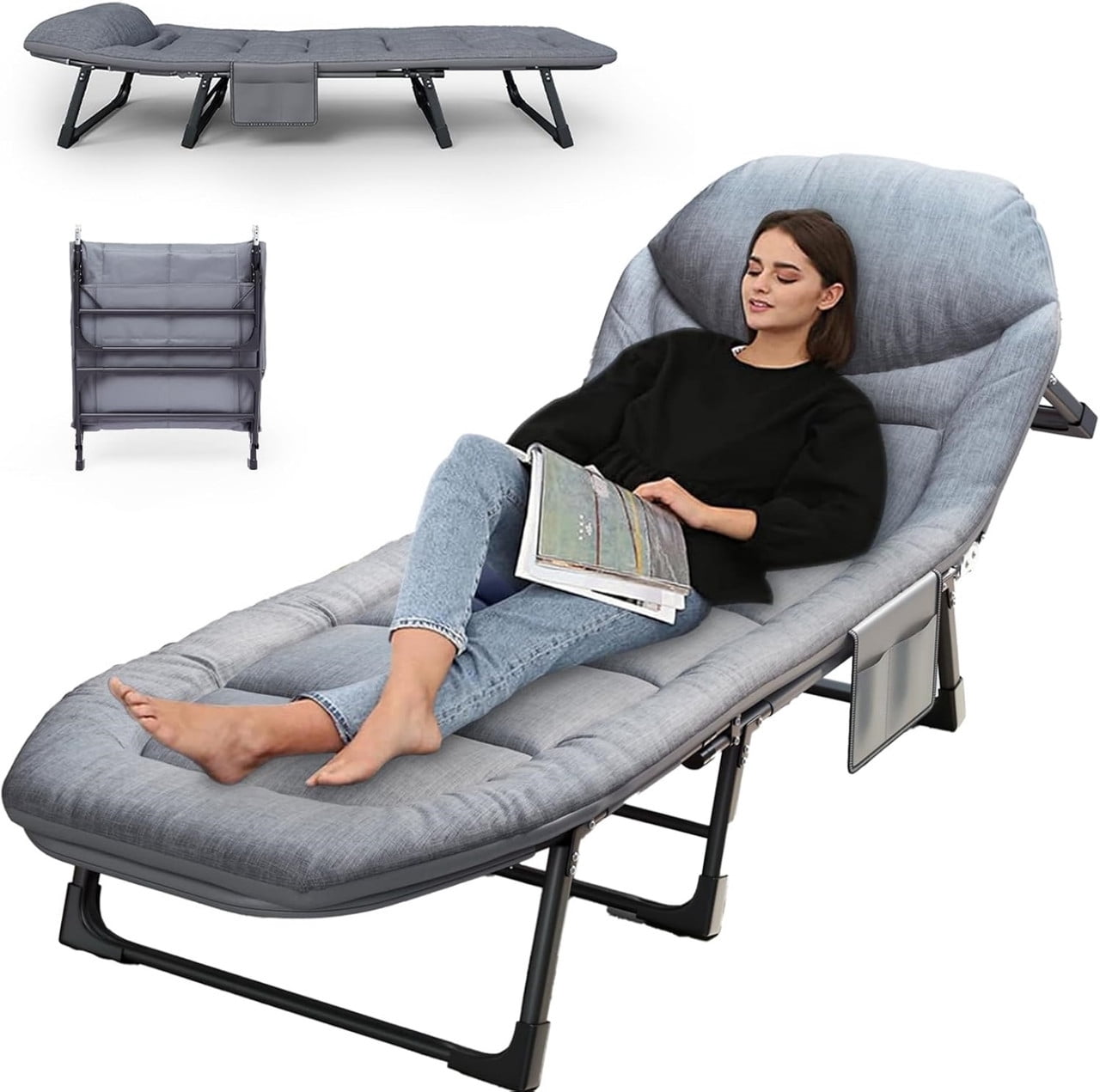 Folding Camping Cot with Mattress, Heavy Duty Patio Sleeping Bed Camping Bed, Adjustable Recliner Lounger Chair for Indoor, Outdoor & Patio Use