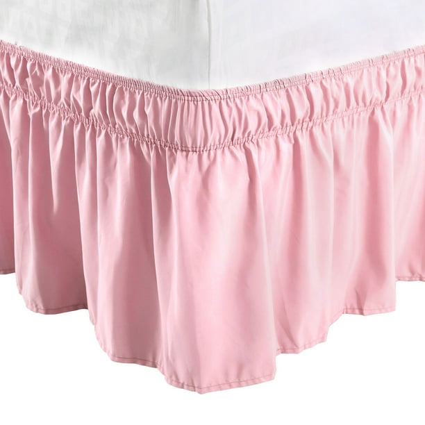 Elastic Bed Wrap Dust Ruffled Bed Skirt with 15" Drop Light Pink Queen
