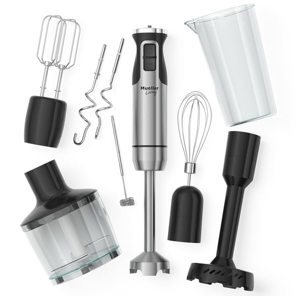 MuellerLiving Immersion Hand Blender Full Set - 8 Speed Immersion Blender, Hand Mixer with 7 Attachments: Stainless Steel Blade, Whisk, Milk Frother,