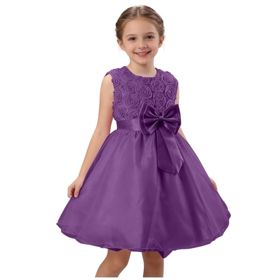 Floleo Girls Floral Rosette Princess Dress Sleeveless Bow A Line Skirt Glitter Formal Gown Flowering Girl Party Wear Special Occasion Outfit Suitable for ages 2-14(Purple,9-10 Years)