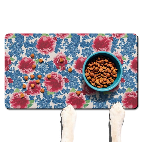Floral Dog Feeding Mat - Waterproof Non-Slip Pet Food Mat with Vintage Botanical Print, Multi-Layer Absorbent Design for Messy Eaters, 18x12 Inches