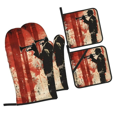 

Daiia Silhouette Trumpet Red Art Pattern Oven Mitts and Pot Holders 4 pcs Set High Heat Resistant 500 Degree Extra Thicken Long Kitchen Cotton Oven Glove