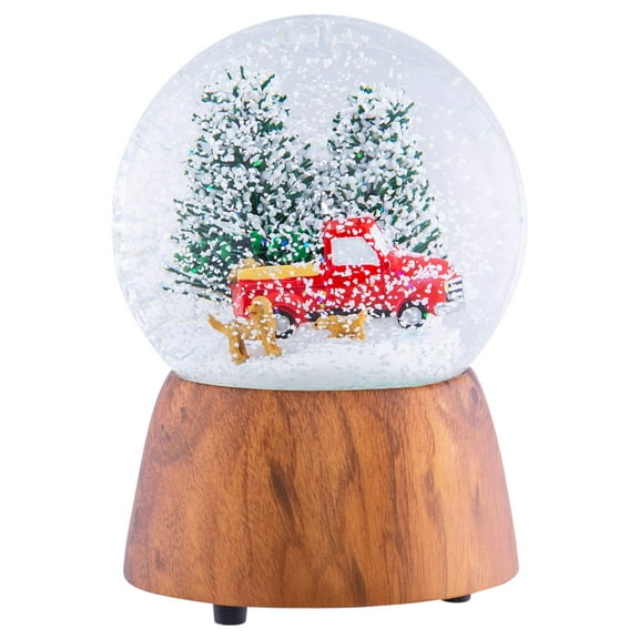 Red Truck With Dogs Cherry Woodgrain 6 x 4 Resin and Metal Holiday Musical Snow Globe