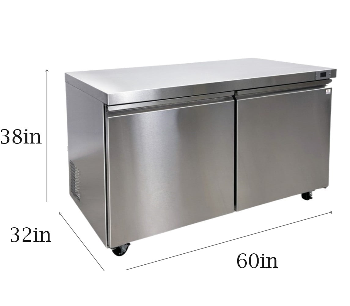 Cooler Depot 61 inch 14.1 cu.ft, 38" heigh Commercial Undercounter Freezer, 2 Solid Doors, Stainless steel exterior, NSF certified.