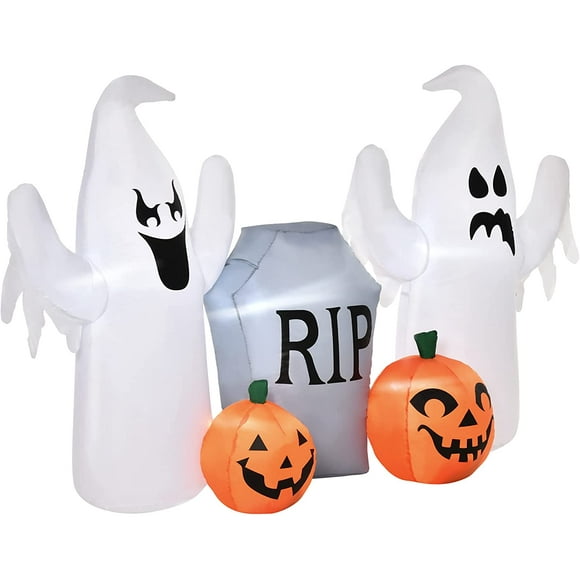 HOMCOM 4ft Halloween Inflatable Ghosts with Tombstone and Pumpkin, LED Lighted for Home Indoor Outdoor Garden Lawn Decoration Party Prop