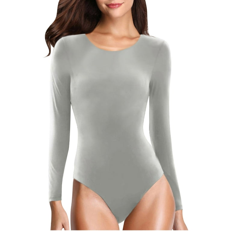 Womens Long Sleeve Rib Knit Bodysuit Round Neck Solid Color Sexy Ribbed One  Piece Romper Onesies Bodycon Tops (X-Large, Gray) 