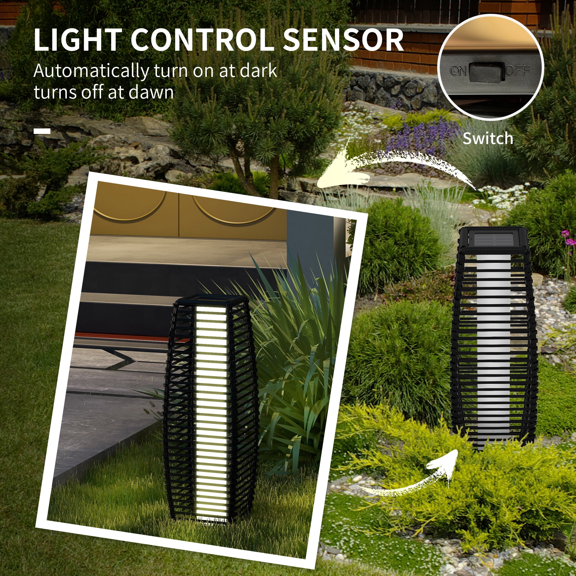 Outsunny Auto On/Off LED Lights Floor Lamp, Decorative Lantern Pathway Light, Black