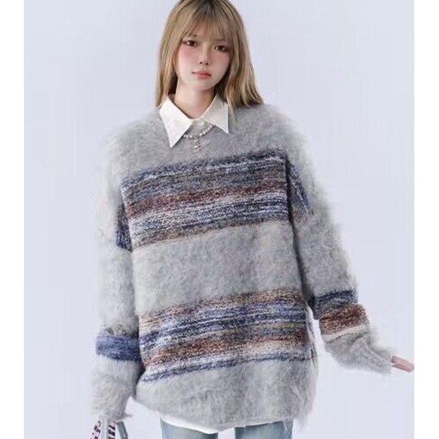 Suéteres de mujer a rayas con ambiente retro, acogedores, elegantes, de estilo japonés, tejidos de otoño, sencillos, con paneles, temperamento elegante y chic.