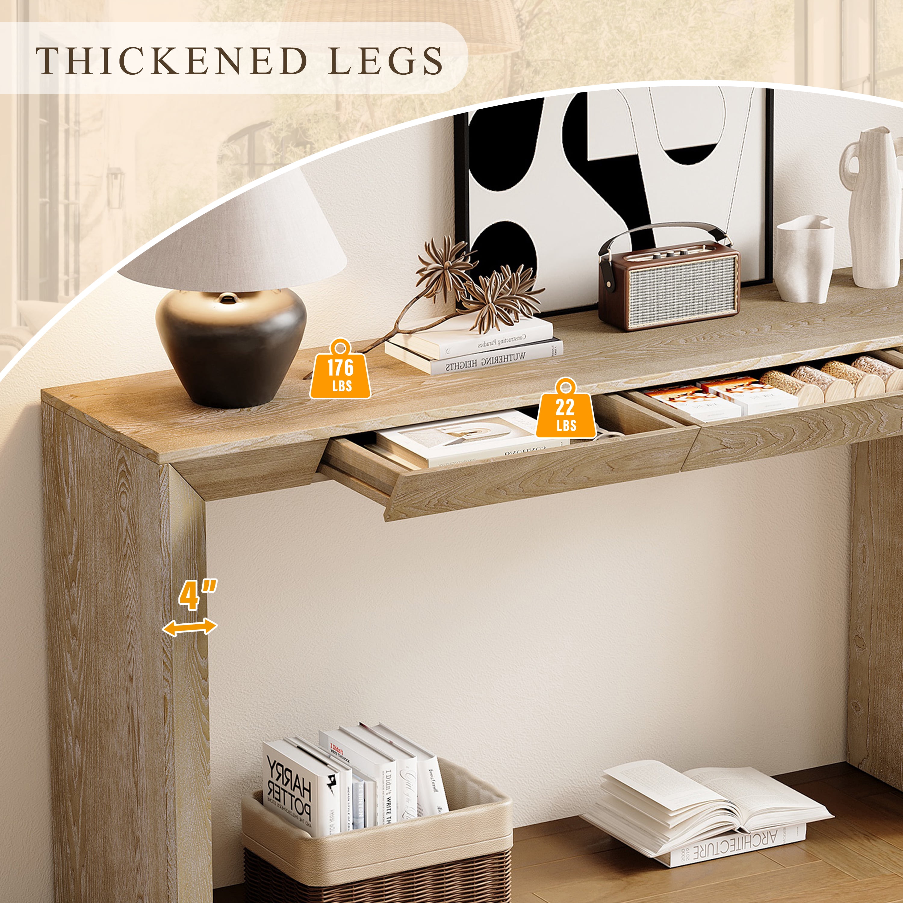 EUROCO 60" Modern Console Table with 2 Concealed Drawers, Entryway Table with Waterfall Design for Living Room, Entryway & Hallway,Natural