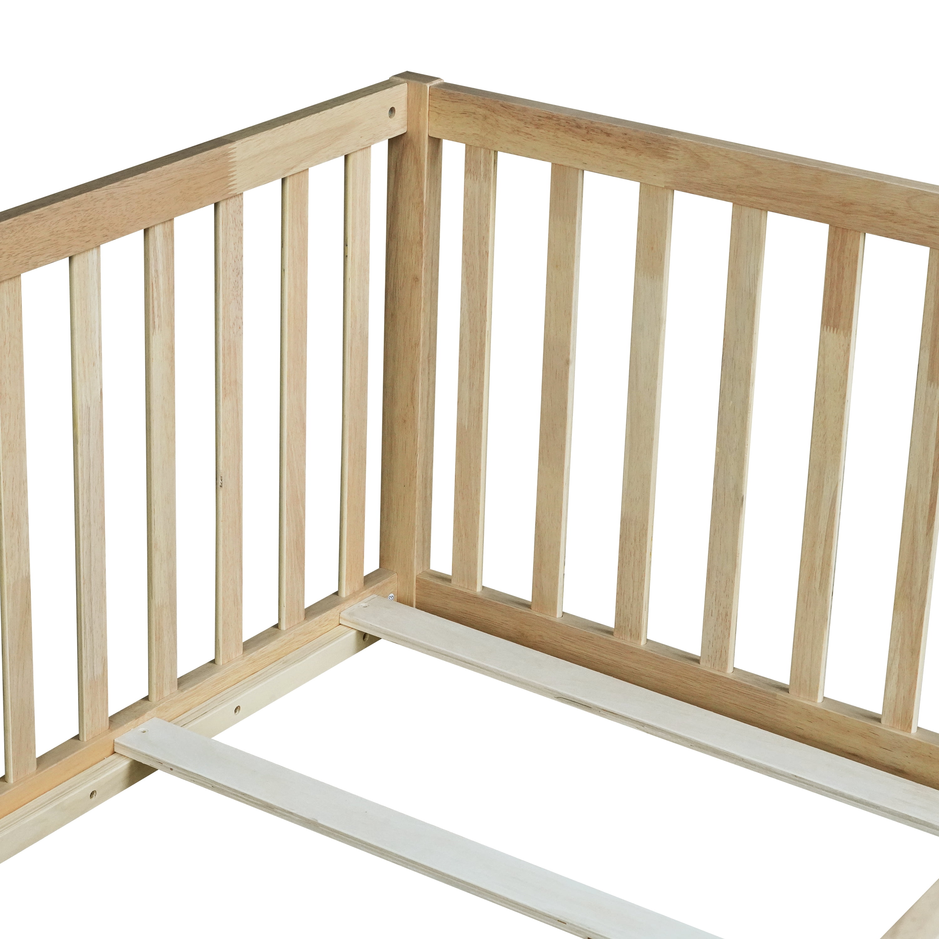 Miniyam Twin Size Floor Bed with High Safety Fence for Kids, Natural