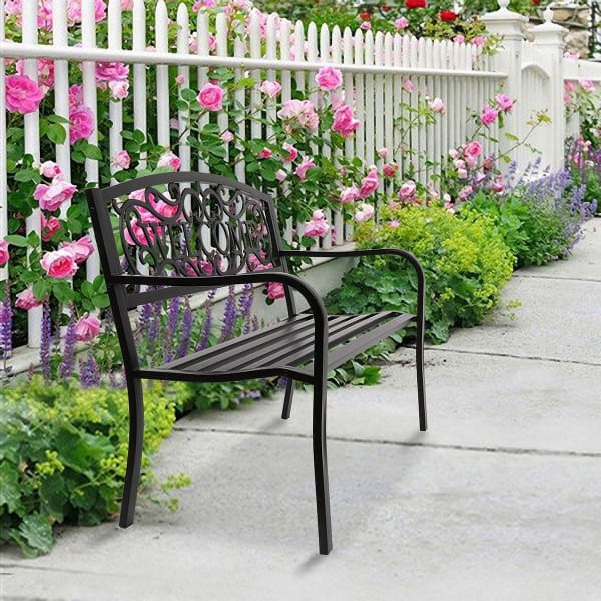 50" Black Outdoor Welcome Bench&nbsp;- 750lb Capacity Weather-Resistant Iron Bench w/ Curved Armrests & PVC Slats - Easy Assembly Patio Seating
