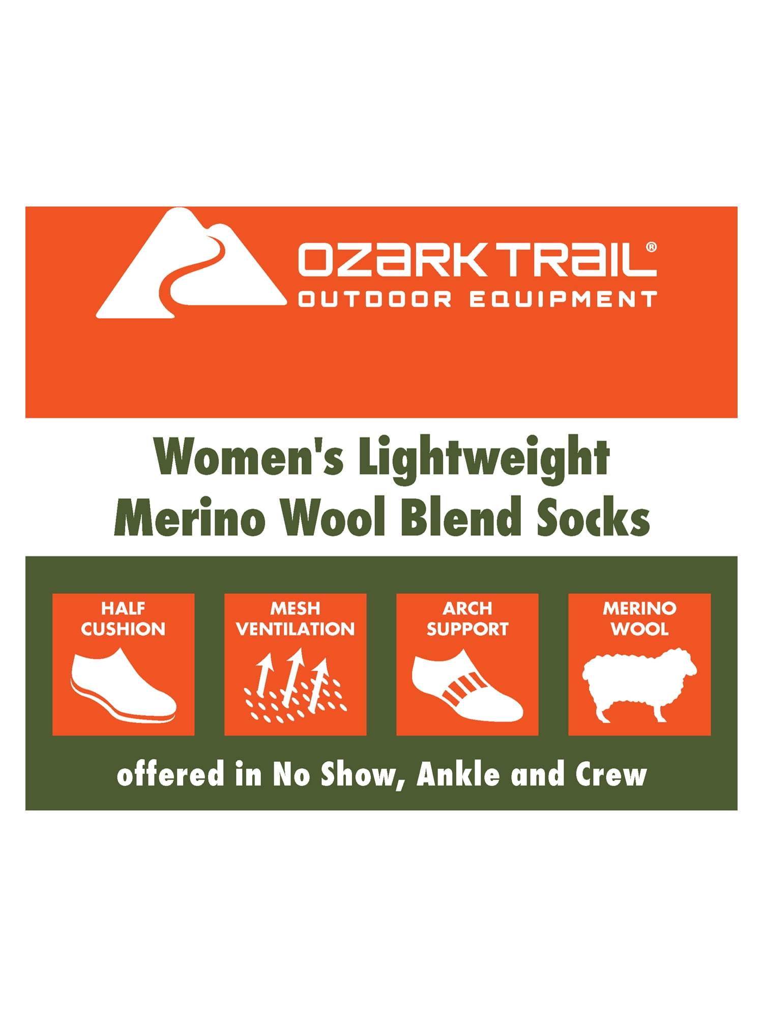Ozark Trail Women's Merino Wool Blend No Show Tab Hiking Socks, 1 Pack