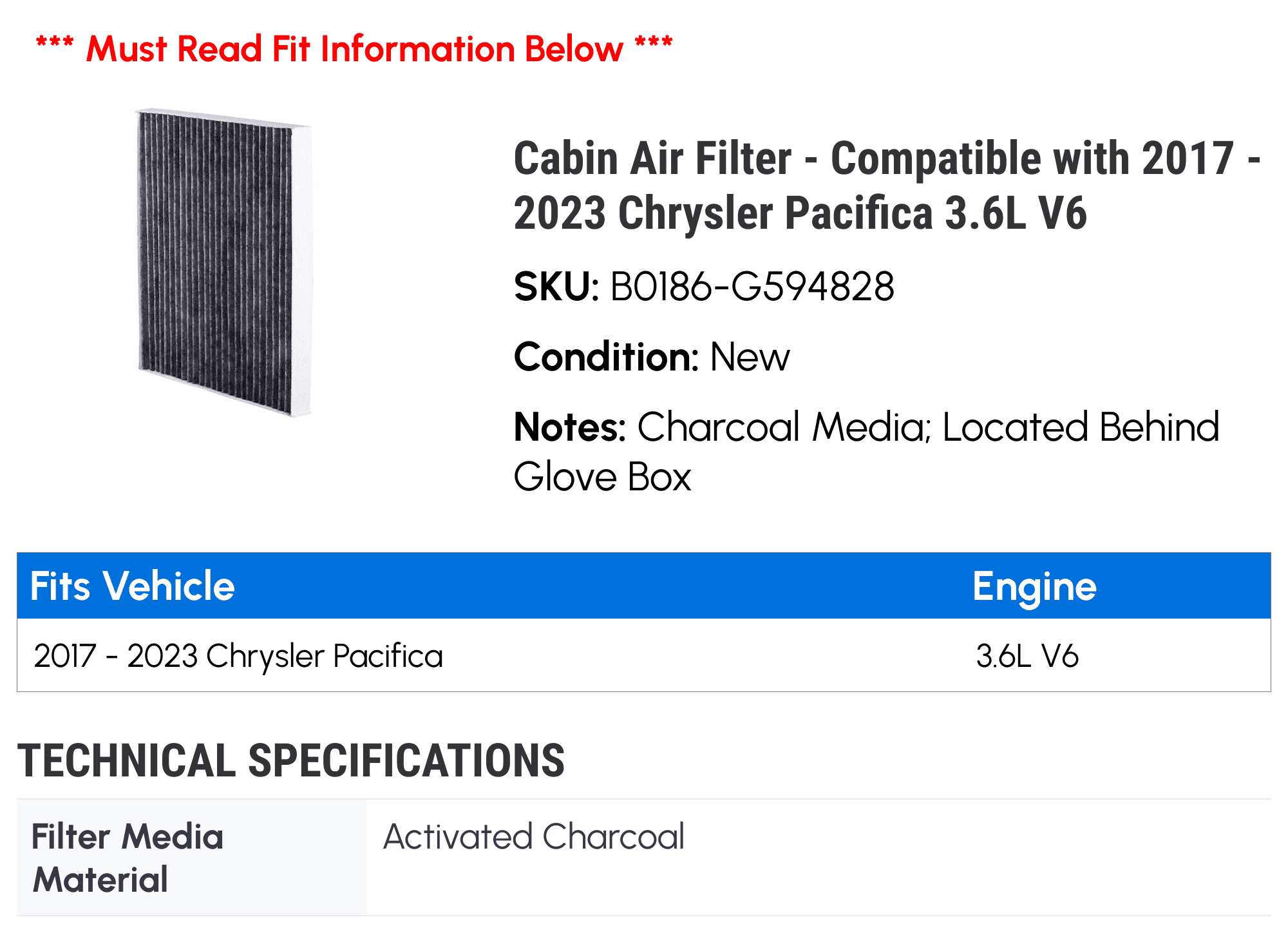 Cabin Air Filter - Compatible with 2017 - 2023 Chrysler Pacifica 3.6L V6 2018 2019 2020 2021 2022