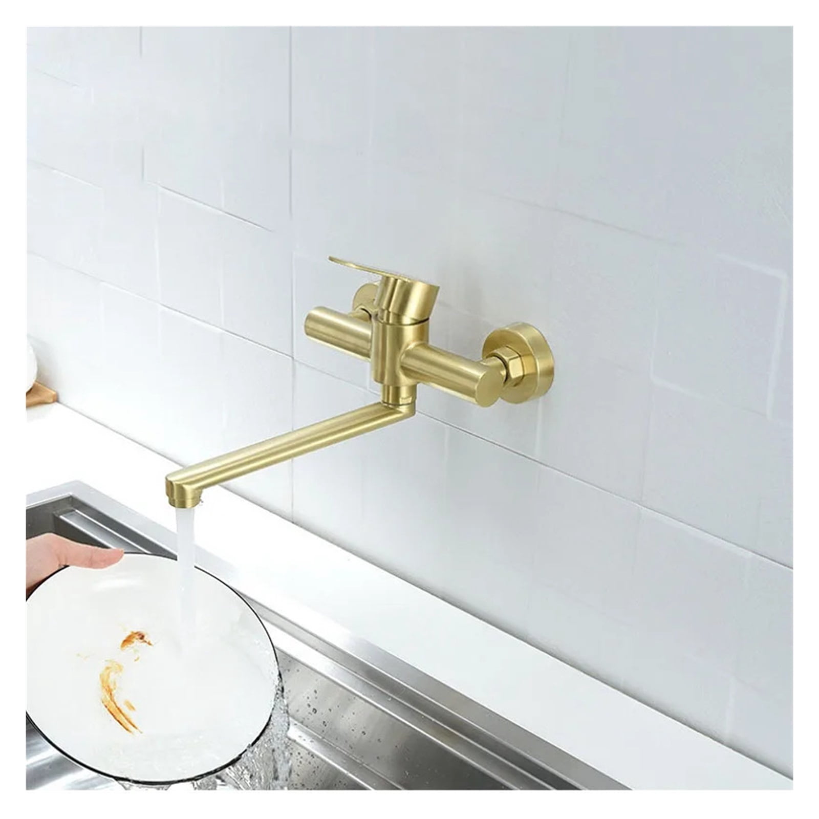 Brushed Gold Wall Mounted Kitchen Faucet, Bathtub Bathroom Basin Faucet, 180° Rotation Hot Cold Water Mixer Mop Pool Tap Dual Hole