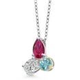 thumbnail image 2 of 925 Silver and 10K Yellow Gold Created Ruby and Lab Grown Diamond and Blue Zircon 3 Stone Pendant Necklace for Women | 2.80 Cttw | Pear Shape 8X6MM | Oval 7X5MM | Round 5MM | with 18 inch Chain, 2 of 4