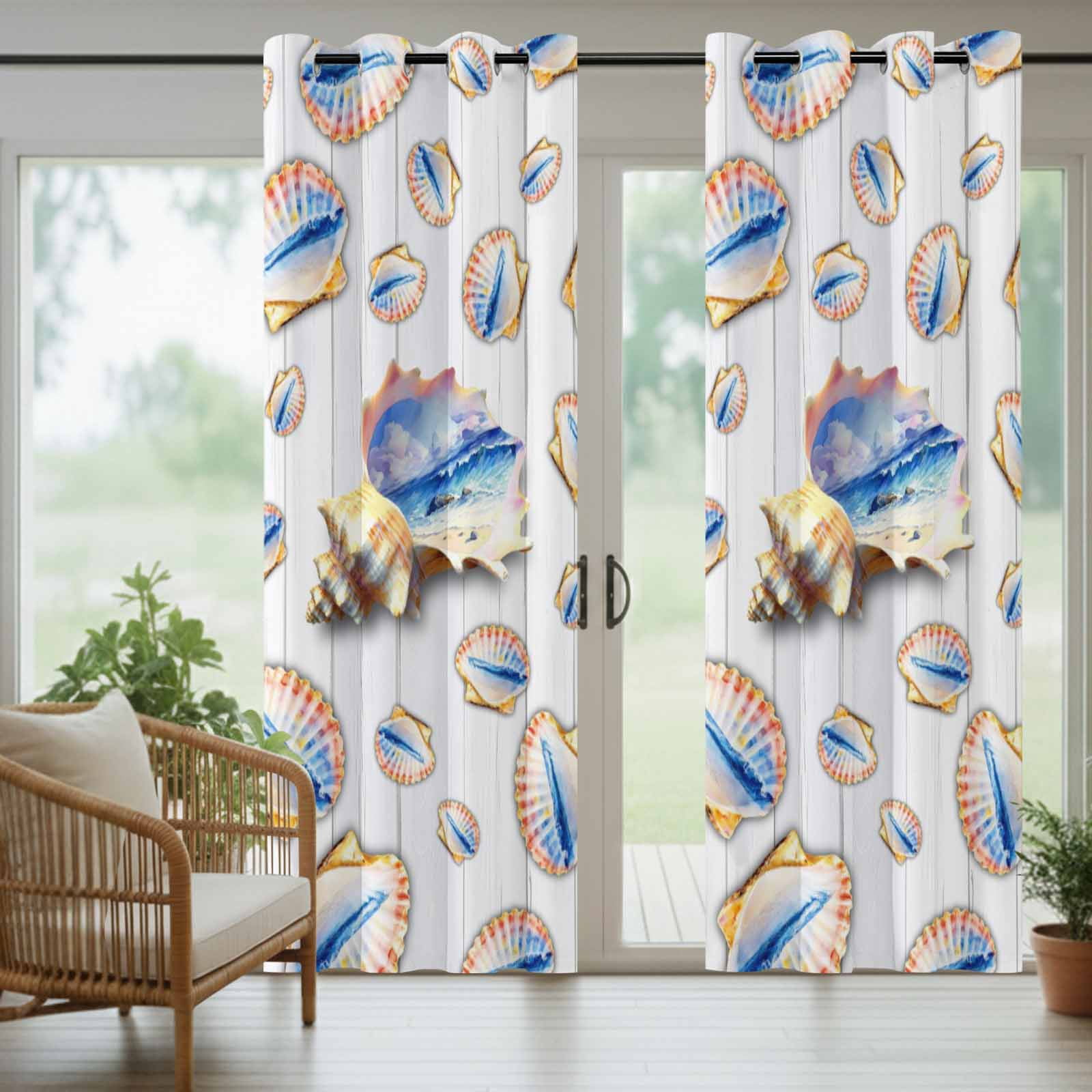 Ocean Shell Outdoor Curtains for Patio, Summer Seaside Beach Wave Conch White Wood Grain Sunshade Privacy Drapes Grommet Waterproof Outside Curtains for Porch/Cabana/Balcony 54"x 108", 1 Panel