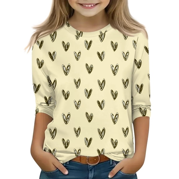YOUYEDIAN 3/4 Sleeve Shirts for Girls Size 4-5 Floral Print Tops Crew Neck Tshirt Casual Tees Beige 4-5 Years
