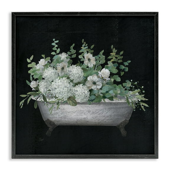 Stupell Industries Floral Bath on Black Typography Painting Black Framed Art Print Wall Art, 12 x 12