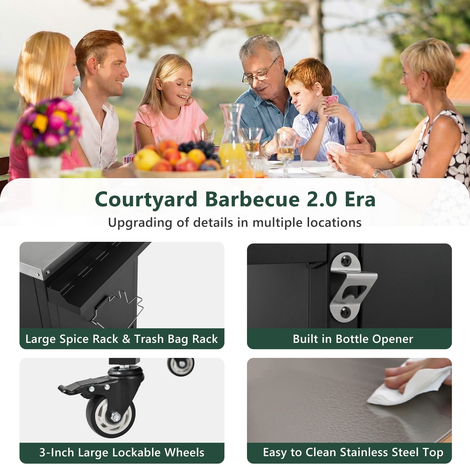 AENKYO 72" Outdoor Grill Cart for Big Green Egg, Metal BBQ Kitchen Island w/ Fold-out Prep Table & Stainless Top