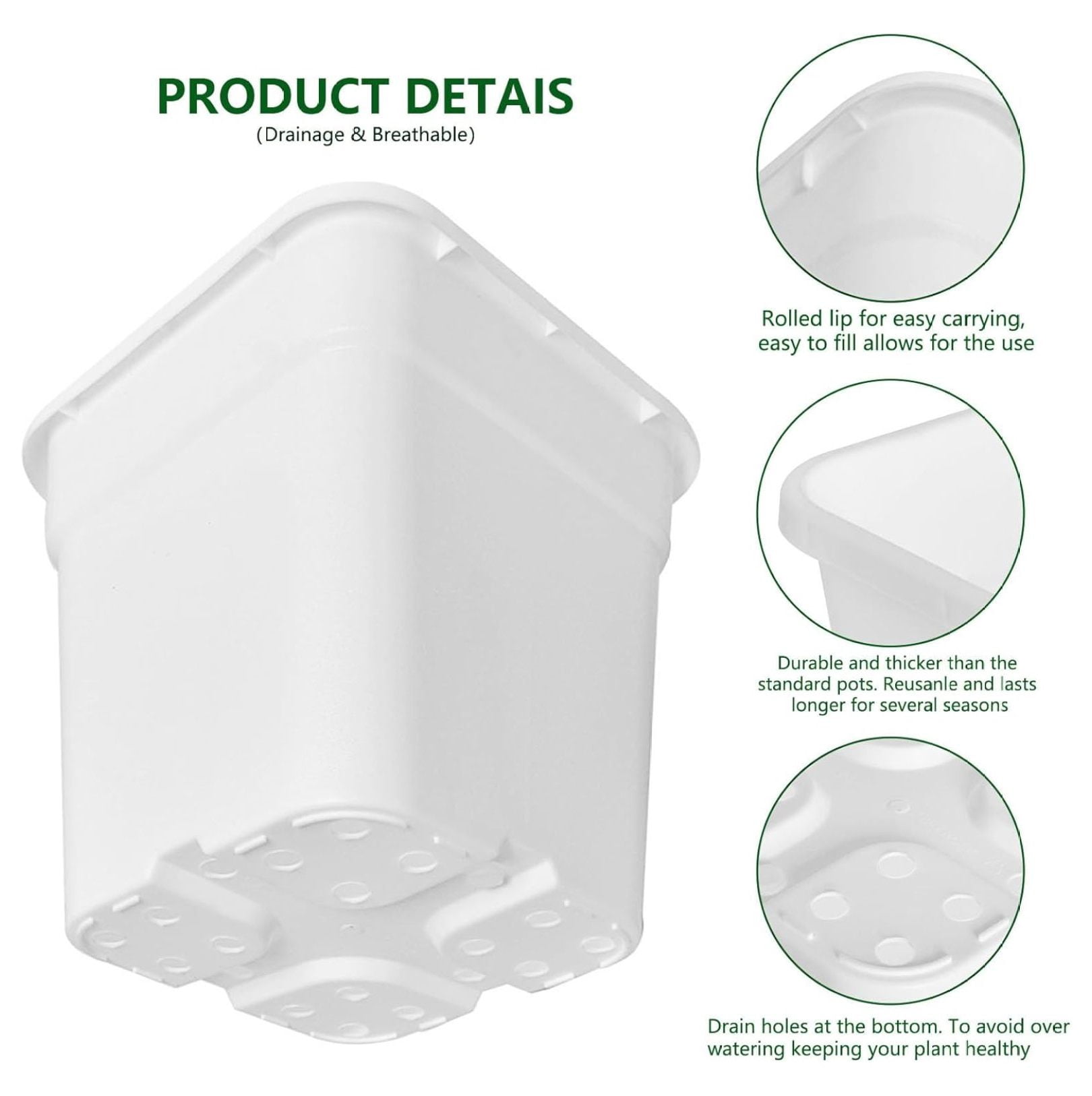 5-Pack 9.77 Gallon Square Planter Nursery Pots, Flower Plant Container Injection Molded Plastic Nursery Pot Gardening Pots for Indoor Outdoor Vegetables, , White