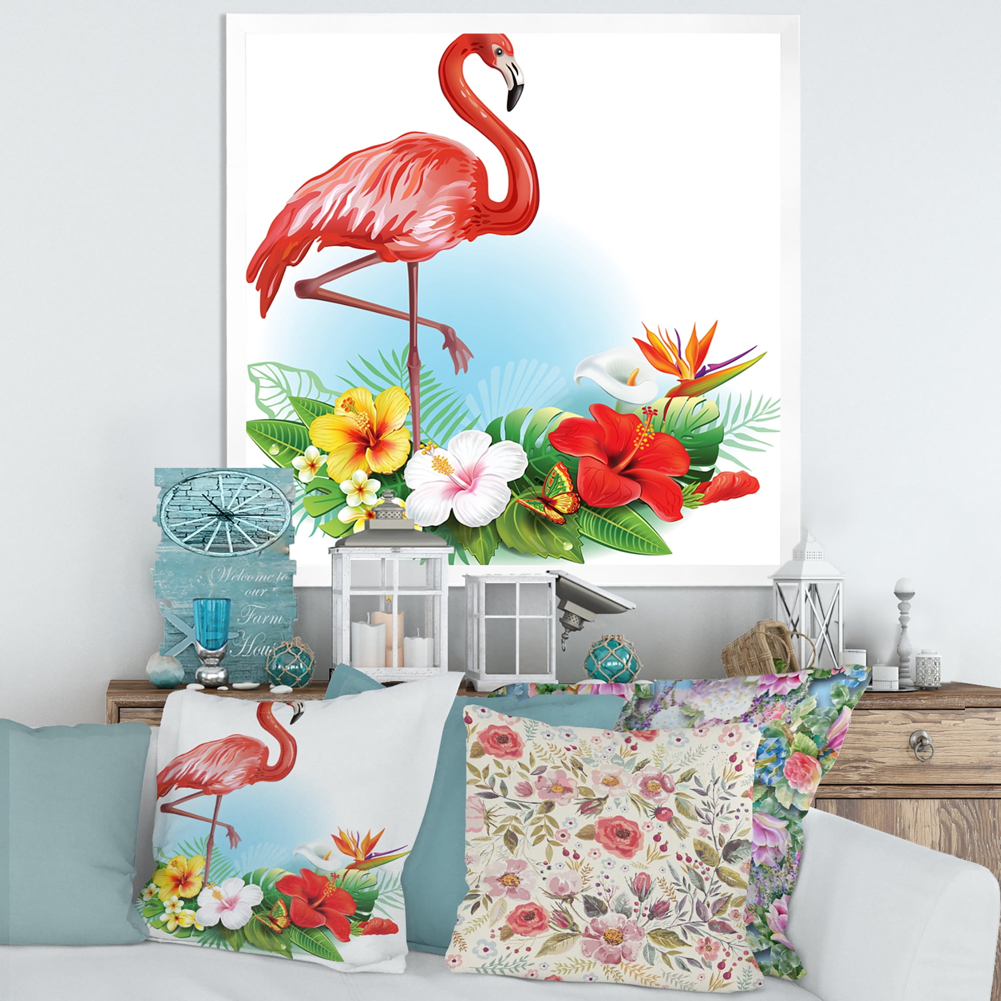 Designart 'Arrangement with Flamingo and Tropical Flowers' Traditional Framed Art Print