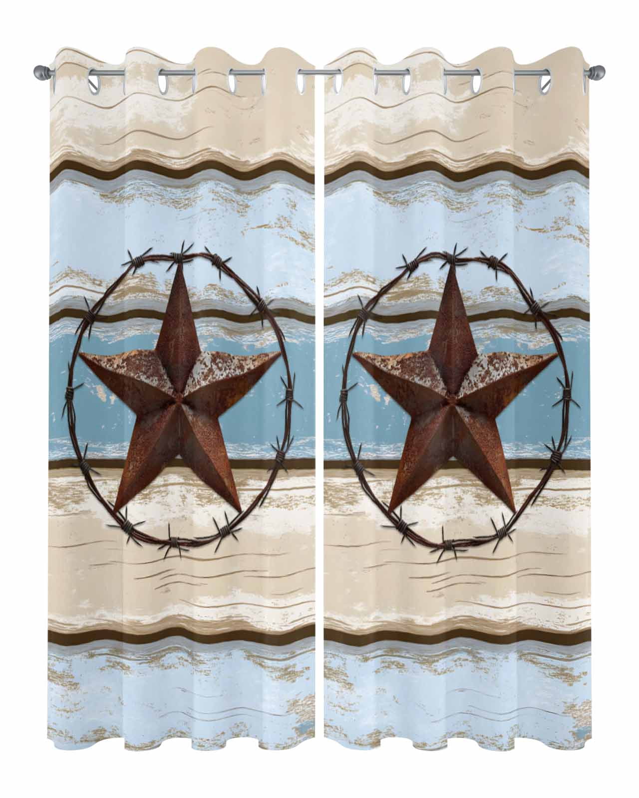 nqOlkjepod Outdoor Curtains for Patio Waterproof, Beige Blue Star Outdoor Privacy Panels Grommet, Texas Star Wooden Retro Blackout Outside Curtains for Porch/Cabana/Pergola/Gazebo 54"x108", 2 Panels