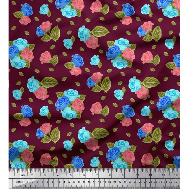 Soimoi polyester Crepe Fabric Leaves & Rose Floral Fabric Prints By Yard 52 Inch Wide