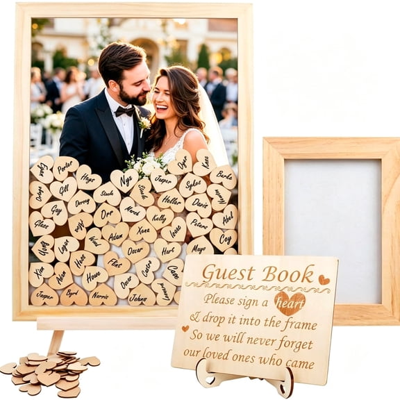 Xylobyte Wooden Drop Top Guest Book, Creative Heart Shape Frame for Wedding Reception, Party Registration, or Anniversary, Rustic Memorial Day Gift, Natural Wood Finish
