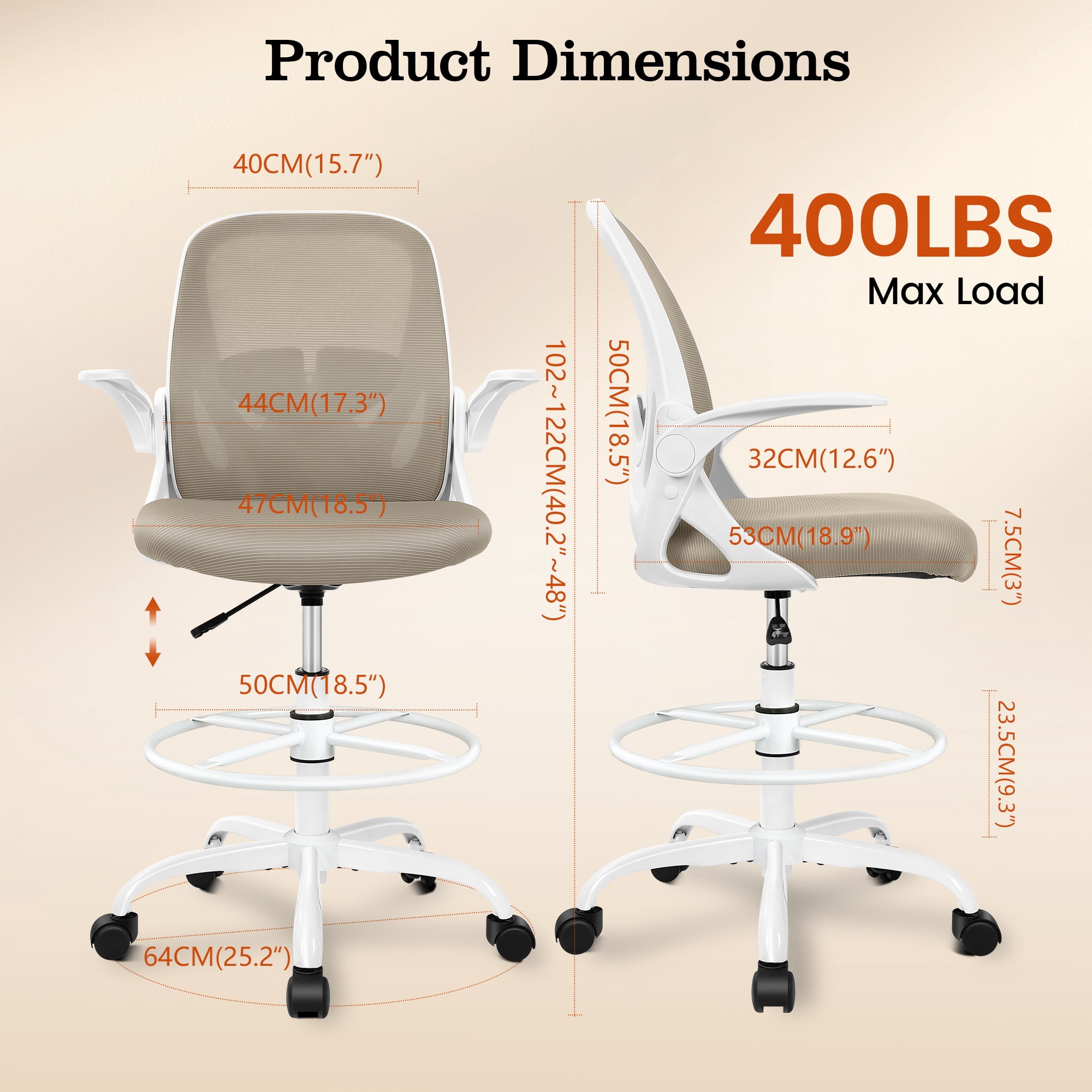 COOLHUT Tall Office Chair 400lbs with Footrest Ring, Standing Desk Chair with Flip-up Armrests, Adjustable Swivel Rolling Mesh Standing Desk Stool with Lumbar Support for Adults, Khaki