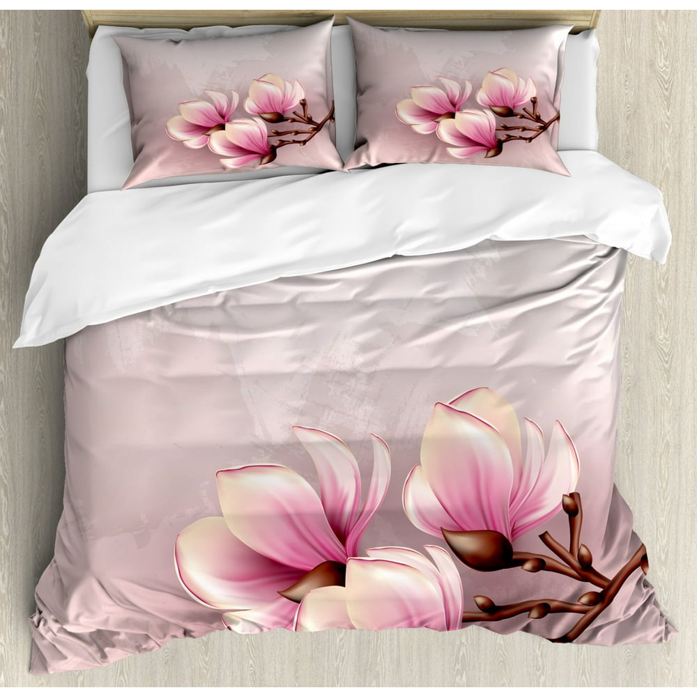 Magnolia Queen Size Duvet Cover Set, Fragile Petals of Magnolia Flower