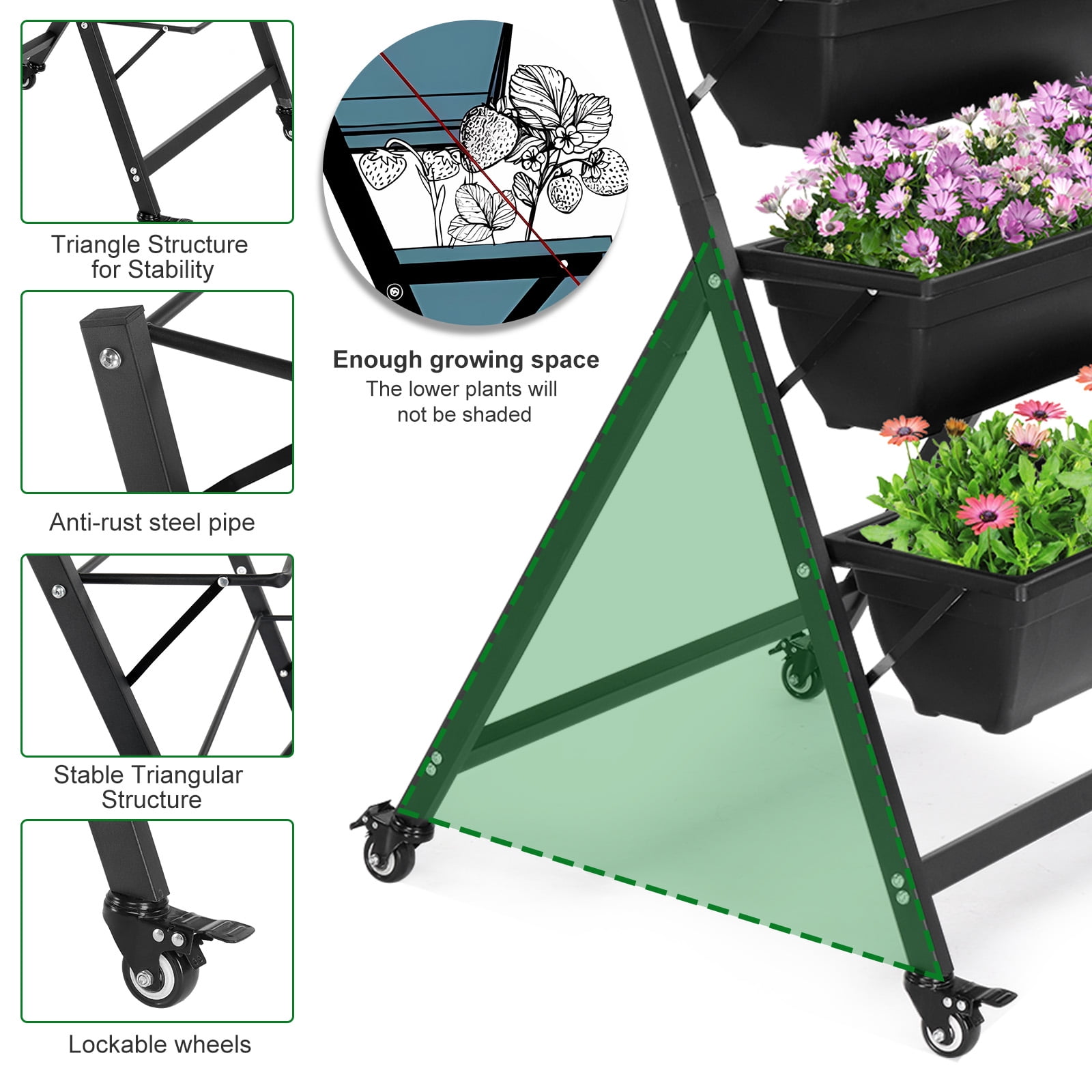 Ktaxon 5-Tier Vertical Garden Bed with Wheels, Freestanding Elevated Planter Box with Drain Holes for Vegetables & Herbs
