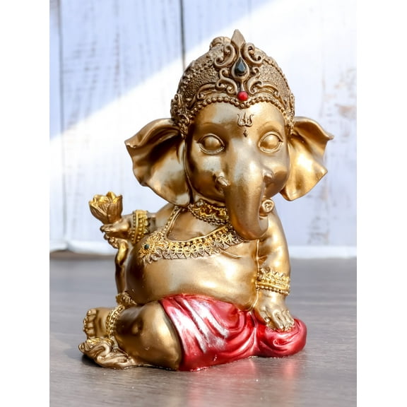 Vastu Hindu Elephant God Baby Ganesha Ganapati Holding Lotus Flower Figurine
