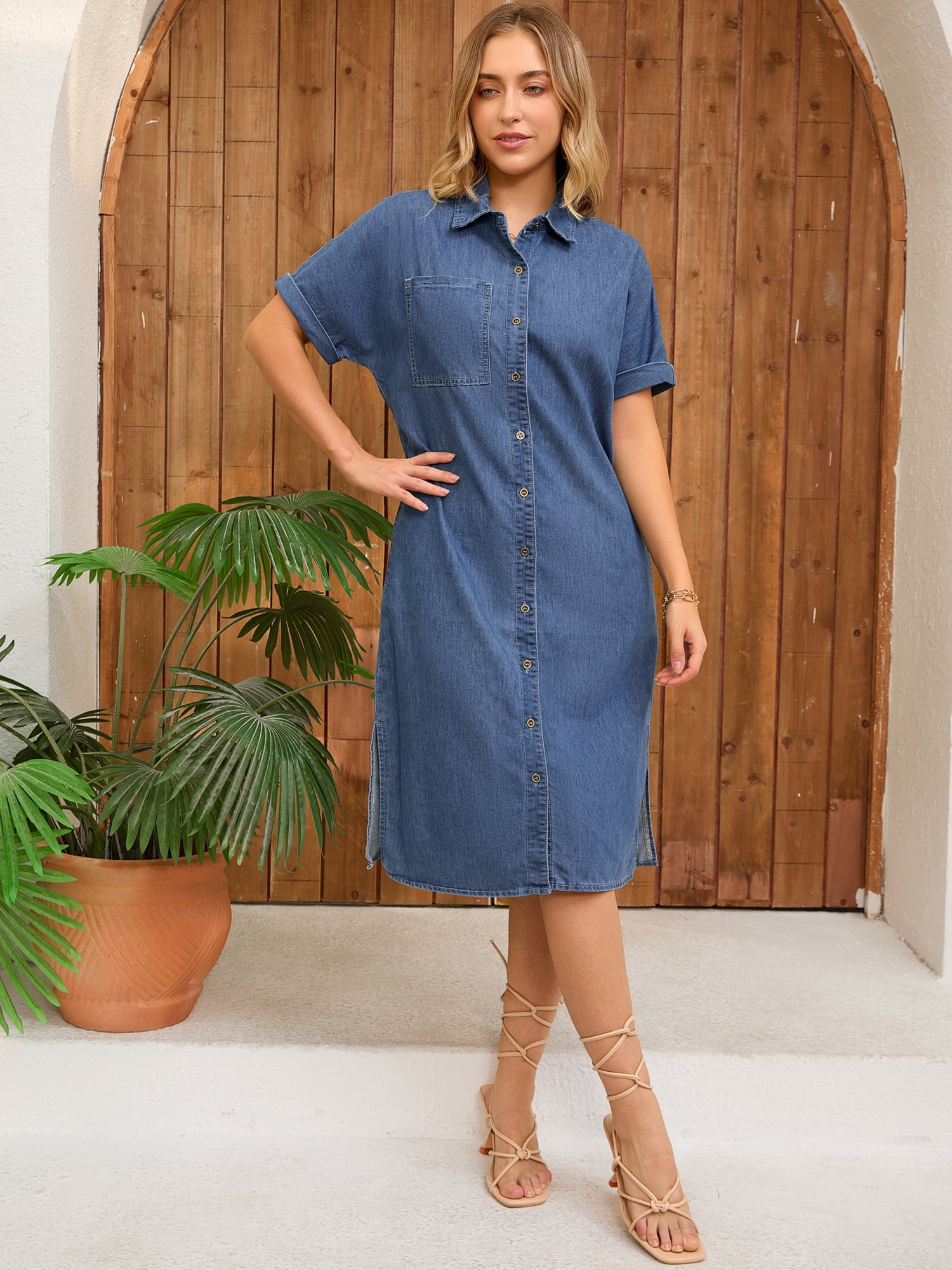 DARING DIVA Midi Denim Short Sleeve Button Down Tunic Jean Dress XL Blue