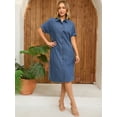 thumbnail image 2 of DARING DIVA Midi Denim Short Sleeve Button Down Tunic Jean Dress S Blue, 2 of 7