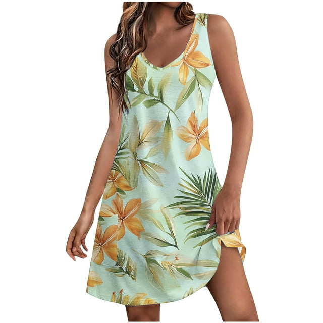 Dvprdro Robe Débardeur d'Été pour Femmes Mode Imprimé Floral Col en V Sans Manches Fluide Ligne Décontractée Ample Plage Soleil Mini Robe avec Poches